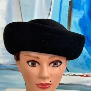Vintage Starfire black Melange wool felt pillbox hat with a stiff ribbon bow
